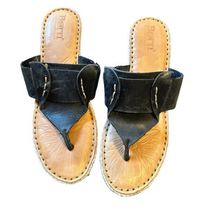BORN Black Leather Wedge Sandals Womens Sz 8 Cork Wedge Heel Slip-On Shoes
